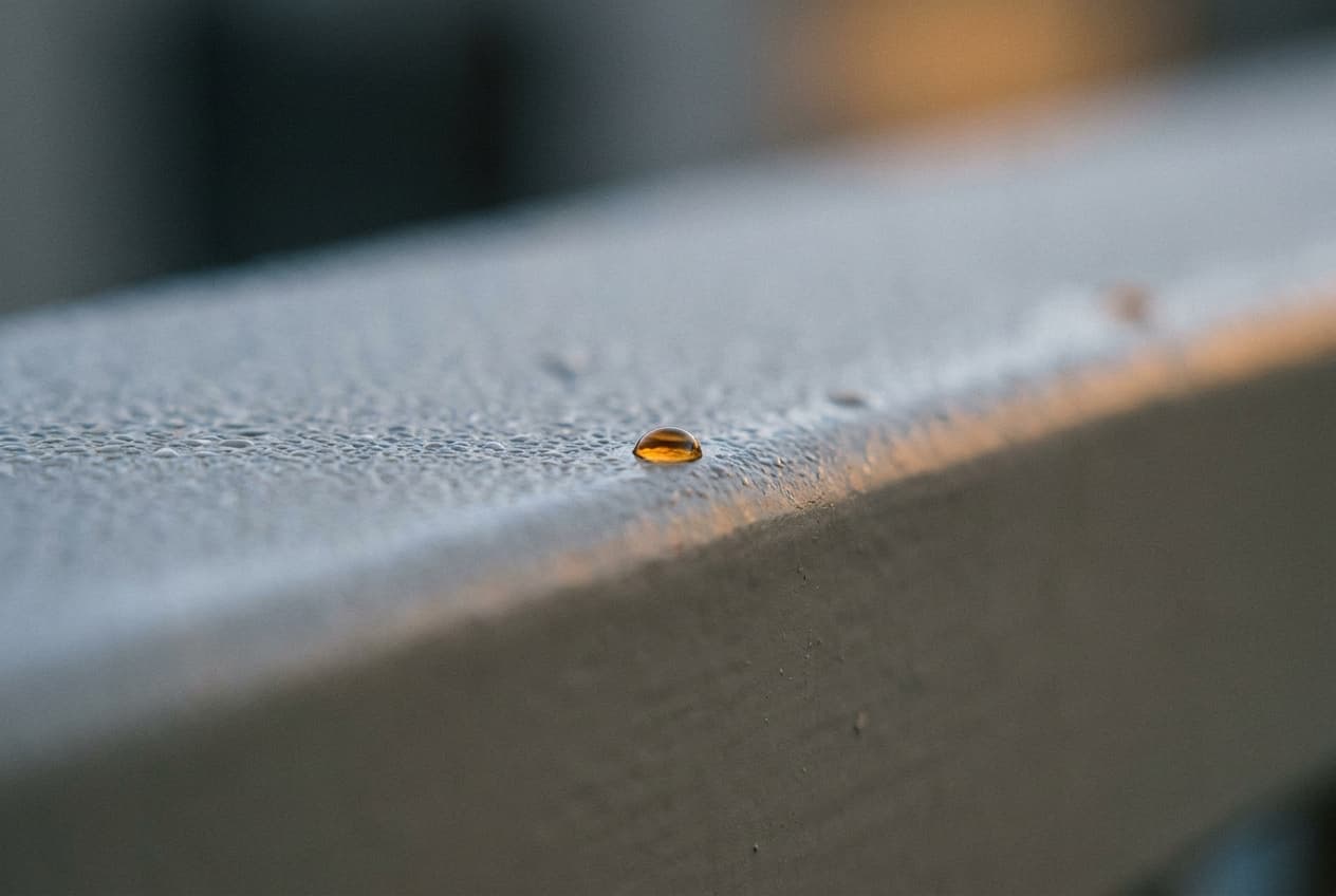 Fine dew condensing into beads on a freshly painted exterior surface at the cold pre-dawn hour — the moment the surface crosses the dew point.